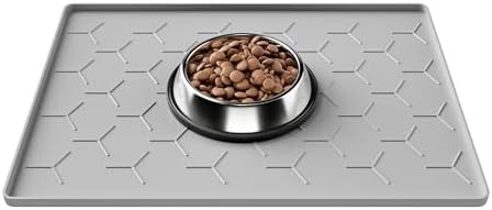 Pieviev Dog Cat Food Bowl Mat, Silicone Waterproof Food Grade Pet Food Mat for Floor, High Raised Edge to Prevent Spills, Non-Slip & Easy Clean Pet Placemat for Dog & Cat Bowls, 16''x12'', Light Gray