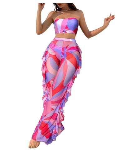 Milumia Women's 3 Piece Swimsuit Boho Geo Print Bandeau Bikini Set with Ruffle Trim Long Pants