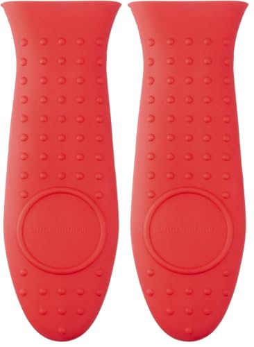 Image of Amazon Basics Heat Resistant Non-Slip Silicone Hot Handle Holder, Rectangular Pot Handle Cover for Kitchen, Insulating Protection, Red, 5.6 inch L x 1.9 inch W (Pack of 2)