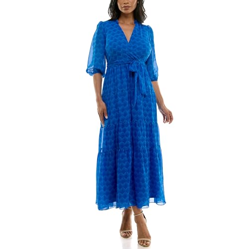 Women's 3/4 Sleeve V-Neck Geometric Print Tie Waist Maxi Dress