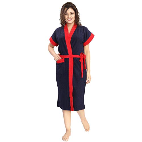 Image of bathrobes terry cotton free size bathrobe for women, bathsuit fit up to 42 inches chest size ladies - Red Blue bathrobe