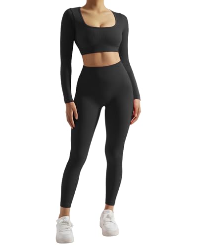 SUUKSESS Open Back Long Sleeve Scrunch Butt Booty Leggings Seamless Ribbed Workout Sets 2 Piece Outfits3