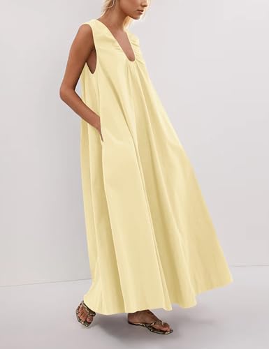 Image of Women Sleeveless Ruched Maxi Dress Scoop Neck Long Elegant Dresses Wide Shoulder Strap Blouse Dress with Side Pockets