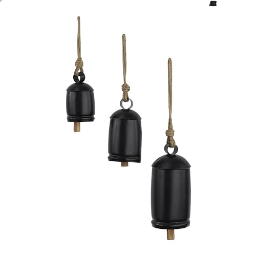 Deco 79 Metal Decorative Cow Bells Tibetan Inspired with Jute Hanging Rope 10859H Black