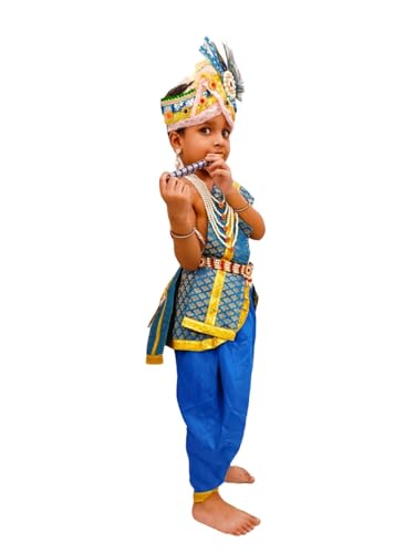Image of BookMyCostume Krishna Costume with Heavy Jewellery and Pagdi and Brocade - Janmashtami Complete Premium Dress for Baby Kanha Boys & Girls - Light Blue 0-6 M