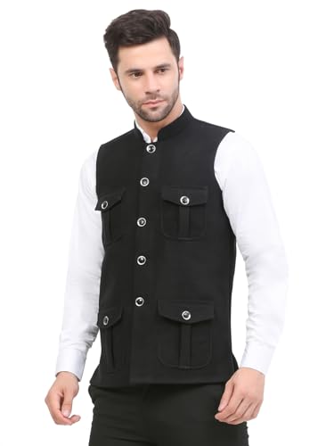 Image of FH Wearza Polywool tweed Solid multipocket Sleeveles Nehru Jacket For Men
