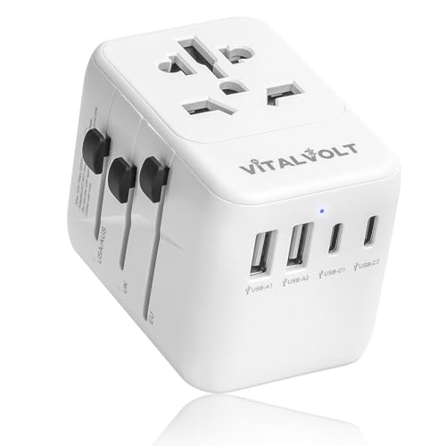 VitalVolt Universal Travel Adapter Worldwide All-in-One International Plug with 2 USB-C & 2 USB-A Fast Charging Ports Dual Safety Fuse Compact UK EU AUS USA Travel Adapter for 225+ Countries (SVP)
