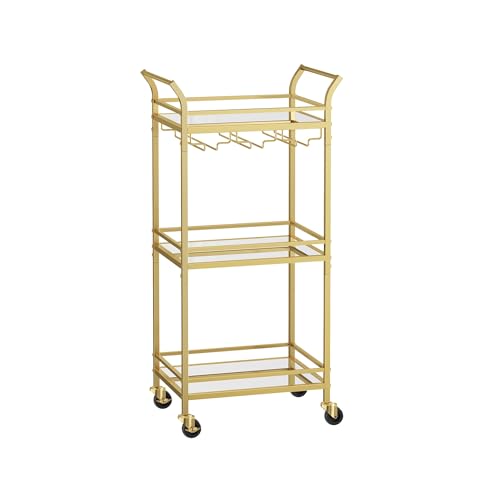 VASAGLE Bar Cart, Home Bar Serving Cart, Small Bar Serving Cart with 3-Tier Shelf, Wine Holders, Glass Holders, Mini Bar Cart for Small Spaces, Kitchen, Dining Room, Living Room, Pale Gold