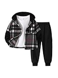 Fdqin Little Boy Clothes Flannel Plaid Hoodie Shirt and Casual Sweatpants Boys Fall Winter Spring Outfits Plaid Black 4-5Year