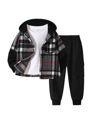 Fdqin 2Pcs Kids Boys Flannel Plaid Shirt Tops Pants Set Hoodie Sweatsuit for Fall Winter Spring Outfits Plaid Black 9-10Year