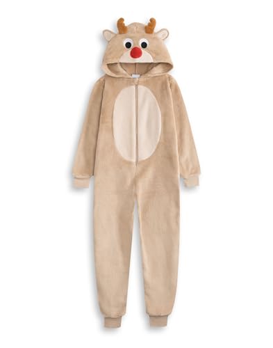 Show Me The Merch Reindeer Boys Beige Hooded Onesie | Zip-Up Fluffy Cosy Fleece Sleepwear | Unisex Kids Christmas Loungewear & Dress-Up 5-6 Years