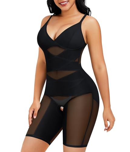 Junlan Shapewear Bodysuit for Women V Neck Butt Lifter Full Body Shaper Tummy Control Thigh Slimmer Shorts Seamless Jumpsuit One Piece, Black, XL