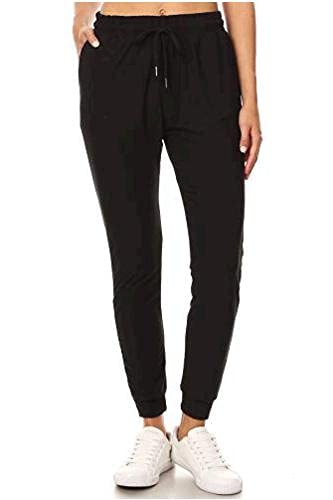 LA12ST Women's Juniors Soft Black Jogger Pants Drawstring Pockets