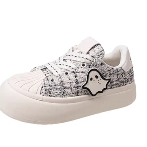 Kawaii Shell Toe Cute Sneakers - Ghost Pattern & Tweed Checkered Chunky Lug Sole Platform Shoes, Comfy White Women & Girls Trainer for Hiking, Beach Travel, Back to School (Y2K Chic, Retro-Modern)