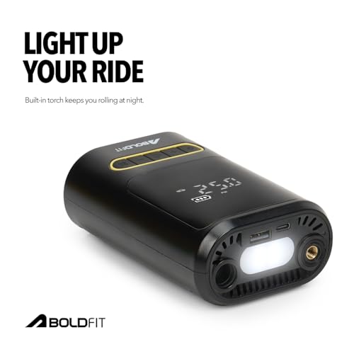 Image of Boldfit Tyre Inflator for Car Portable Digital Air Pump for Car Bike Tyres Upto 150 Psi 2000mAh*2 Battery Cars Air Pump for Tyres Rechargeable with C Type, USB Port, Led Flash 6 Months Warranty