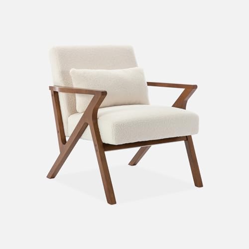 sweeek - Fauteuil scandinave Bois d'hévéa Finition teinté Noyer Clair et Bouclette Blanche Antoine