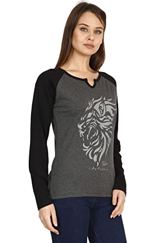 Image of FLEXIMAA Women's Cotton Printed Raglan Full Sleeve Grey Melange Charcoal & Color T-Shirt Size - Pack of 2