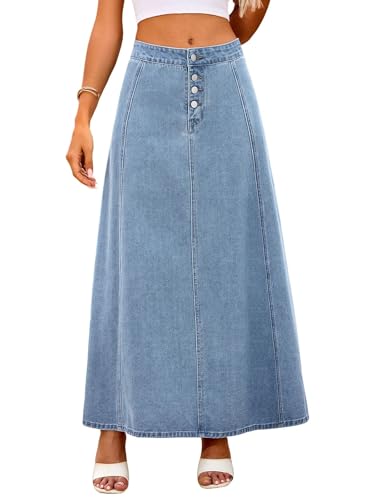 ebossy Women's Classic A-line Maxi Denim Skirts Casual High Waisted Button Fly Flared Long Jean Skirts
