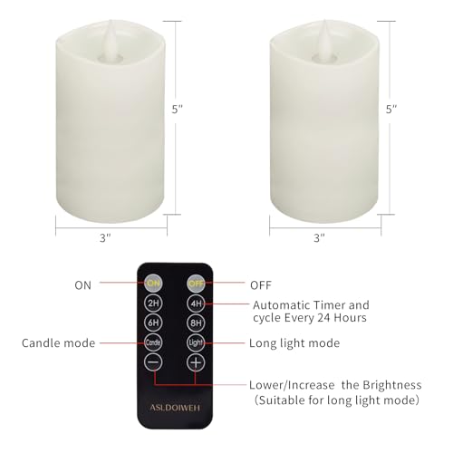 Image of 3 inch x 5 inch Flameless Candles Set of 2, 2AA Battery Life 600 Hours Battery Candles Flickering with Timer, 5 inch Flameless Candles with Remote for Indoor /Outdoor, White
