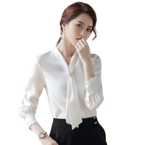 Women’s White American Crepe Long Sleeve Bow Tie Neck Blouse – Casual Korean Style Office Shirt, Regular Fit Tops Women’s White American Crepe Long Sleeve Bow Tie Neck Blouse – Casual Korean Style Office Shirt, Regular Fit Tops
