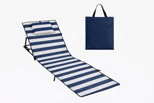 Jayseuw Esterilla de playa con respaldo, tumbona de playa plegable, ligera, con altura ajustable de 5 niveles, para playa, jardín y terraza, soporta 100 kg (158 cm, rayas azules y blancas)