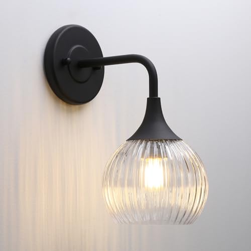 Image of Phansthy Hardwired Modern Wall Sconces, Retro Industrial Wall Lamps, Bathroom Vanity Sconces Wall Lighting with Striped Glass Shade for Bedroom Living Room Corridor Kitchen (Black + Clear Shade)