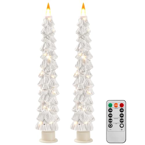 2 Bougies LED Sapin Blanc, Bougies Sans Flamme avec Guirlande de Cuivre, Effet de Flamme Réaliste, Fonctionnant sur Piles avec Télécommande pour Décoration...