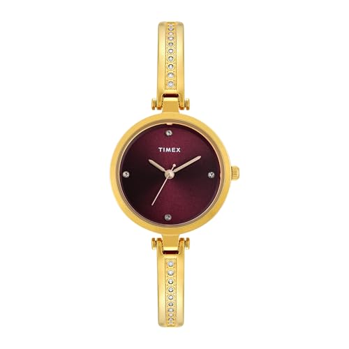 Image of TIMEX Analog Watch for Women with Maroon Round Dial & Rose Gold Brass Bracelet Band Water Resistant Women's Wrist Watches - TWEL200SMU04
