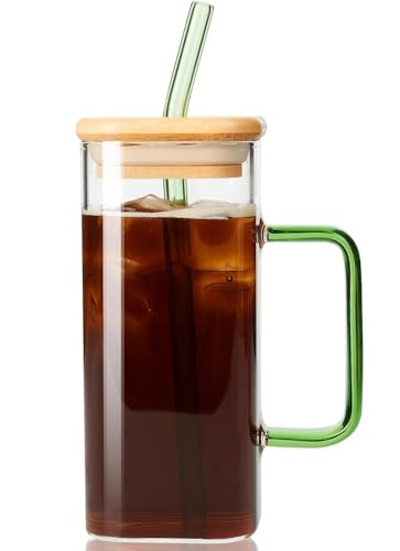 Image of Glass Tumbler with Colored Handle, 400ml Coffee Sipper with Wooden Lid and Glass Straw Iced Tea Mug Clear Drinking Cup for Juice, Milk, Smoothie, Beer Sipper with Straw