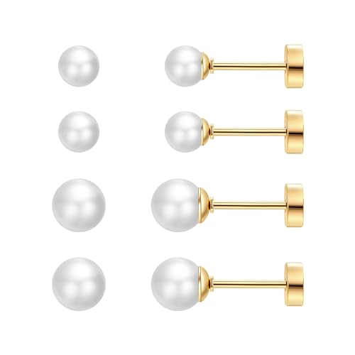 SmileBelle 2 Pairs Pearl Stud Earrings, Titanium Flat Back Earrings for Women Screw Back Studs Hypoallergenic Cartilage Earring as Sleep Earrings Helix Piercing Pearl Jewelry Gift (4mm+6mm) - Main Image