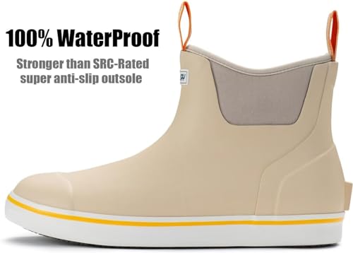 SUREWAY Men's Ankle Fishing Deck Boots for Men-Waterproof,Professional Non-Slip Soles for Wet Slippery Surface,Neoprene Rubber Rain Boot/Shoes for Hunting Boating Gardening,Light Beige,Size 122