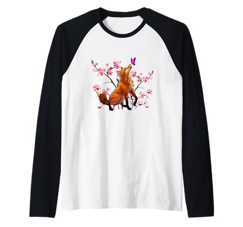Japanese Fox Cherry Blossom Flower Sakura Raglan Baseball Tee