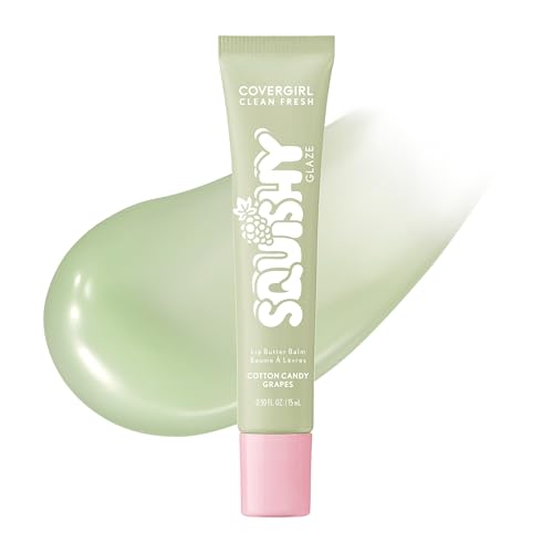 COVERGIRL Clean Fresh Squishy Glaze™ Lip Butter Balm, Flavored, Non-Sticky, with Vitamin E & Shea Butter – 120 Cotton Candy Grapes (Sheer Mint)