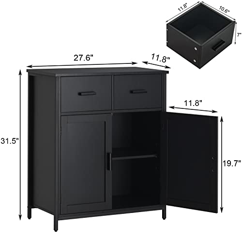 Usikey Storage Cabinet, Industrial Floor Cabinet With 2 Drawers & Doors, Freestanding Storage Cabinet With 1 Shlef & Metal Frame, Sideboard, Accent Cupboard For Living Room, Bedroom, Kitchen, Black #TOP2