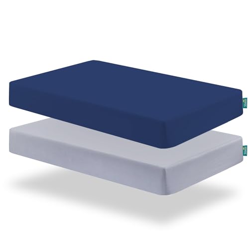 Image of Biloban Pack and Play Sheets Fitted, 2 Pack Pack and Play Sheet Fits for Graco Pack n Play Mattress, Neutral Playard Sheets for Baby Boys and Girl, Light Grey & Navy, 38”X 26”