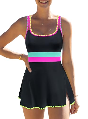 popvil One Piece Swimsuit Women Tummy Control Swim Dress Neon Color Block Swim Suits 2025 Bathing Suit with Skirt