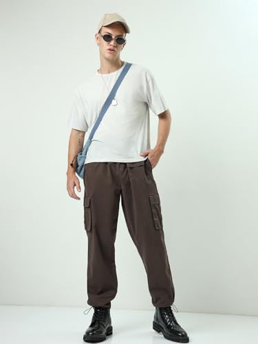Image of Bewakoof Men's Oversized Fit Mid Rise Cargo Trousers|Loose Fit Street-Style Comfort | Utility Pockets | Everyday Wear