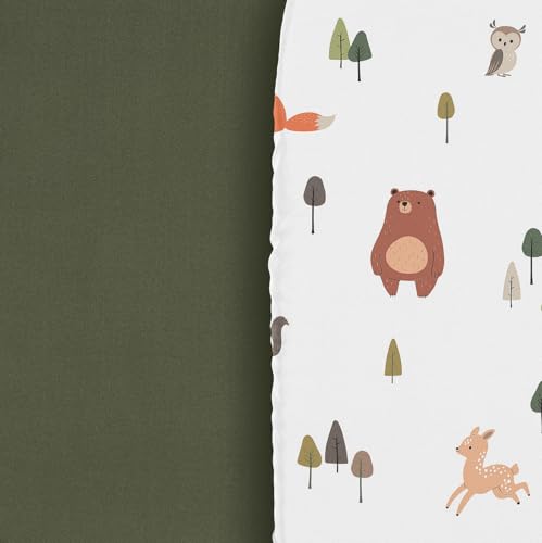 Image of Sweet Jojo Designs 2-Piece Baby Bassinet Sheets Set (Woodland Animals) for Girls & Boys, Infant Nursery, Toddler Room - Oval Rectangle Hourglass Mattress (Solid Green & Watercolor, Forest Friend, Fox)