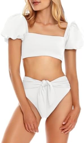 Fisoew Women's High Waist Bikini Sets Tie Knot Tummy Control Swimwear 2 Piece Swimsuits