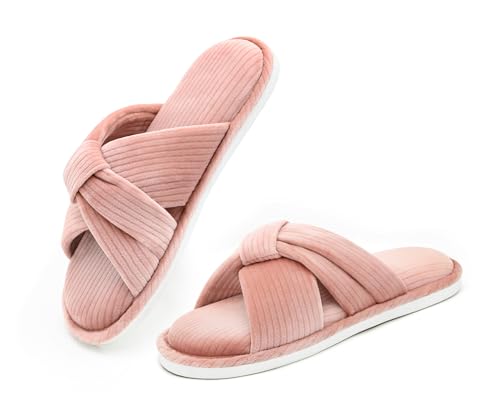 Memory Foam House Slippes for Woman, Comfy Open Toe Women's Bedroom House Shoes, Cross Band Slippers with Bow for Indoor and Outdoor, Gift for Women Ladies and Girls Pink Size 6-7