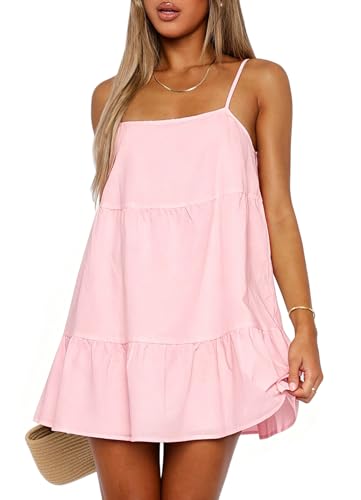 Image of OZICERD Flowy Short Sundress Mini Babydoll Dresses for Women Going Out Tiered Ruffle Beach Spaghetti Strap Swing Dress Cute