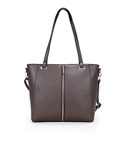 BOSANOVA Bolso Estilo Shopper con Cremallera Decorativa en el Frontal y Tres departamentos Interiores, uno Acolchado para portátiles. Asa de Colgar y de Cruzar Regulable y extraíble. Marron U