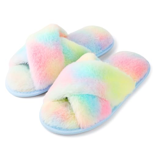Riemot Zapatillas casa Mujer Deslizadores Peludos para Mujer,apatillas mullidas con Plantillas Suaves y acogedoras de,Zapatillas para casa Interior y Exterior chanclas,Arco Iris 38/39EU