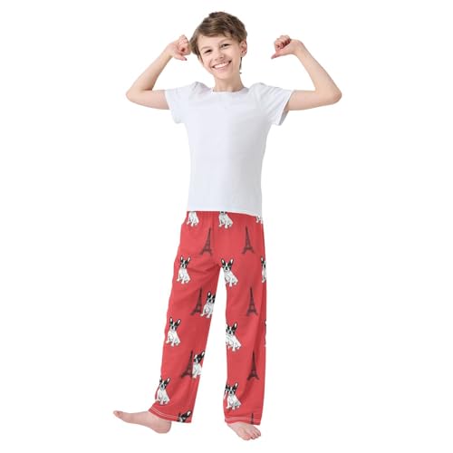 ZZXXB French Bulldog Eiffel Tower Boys Long Pants Soft Trousers Elastic Waist Kids Lounge Bottoms with Pockets S-XL3