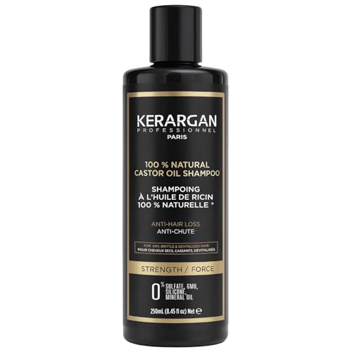 Kerargan - Champú Anticaída con Aceite de Ricino – Fortalece & Estimula el Crecimiento – Cabello Seco y Quebradizo – Queratina, Aceite de Argán y Aloe Vera – Sin Sulfatos, OGM ni Siliconas – 250ml