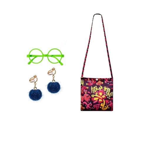 NUMJAW Girls Costume Accessories for kids Green Round Frame Glasses Csoplay Bag Blue Pom Clip On Earrings Festivals Christmas Carnival Halloween Princess Party Cosplay Dress up