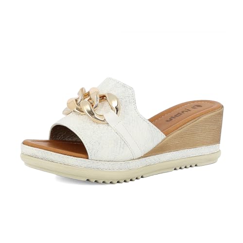 Ciabatte Zeppa Donna a Fascia con Catena, Plantare in Ecopelle