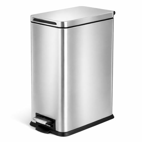 Image of Home Zone Living 4 Gallon Stainless Steel Slim Kitchen Trash Can | Stainless Steel with Soft-Close Step Pedal Lid, Bag Tuck Band for Easier Bag Changes, Rectangular Shape, Silver