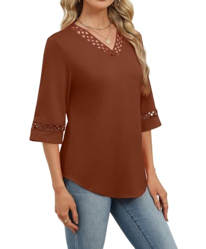 Image of WIHOLL Womens Tops Eyelet Lace V Neck 3 /4 Bell Sleeve Blouses Dressy Casual Work Shirt 2026 Summer Fall Fashion Clothing