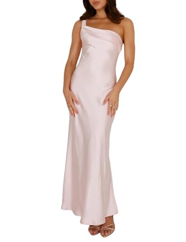 Image of 2026 Satin One Shoulder Maxi Dress for Women Summer Silk Formal Elegant Backless Ruffle Sleeveless Wedding Guest Dresses